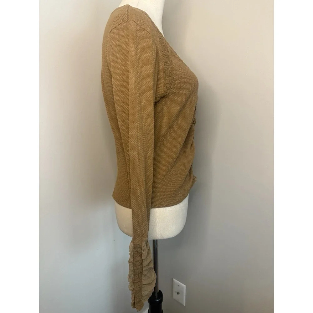 Free People Wear Me Out Thermal Top M Medium Brown Caramel Olive Green Lace EUC